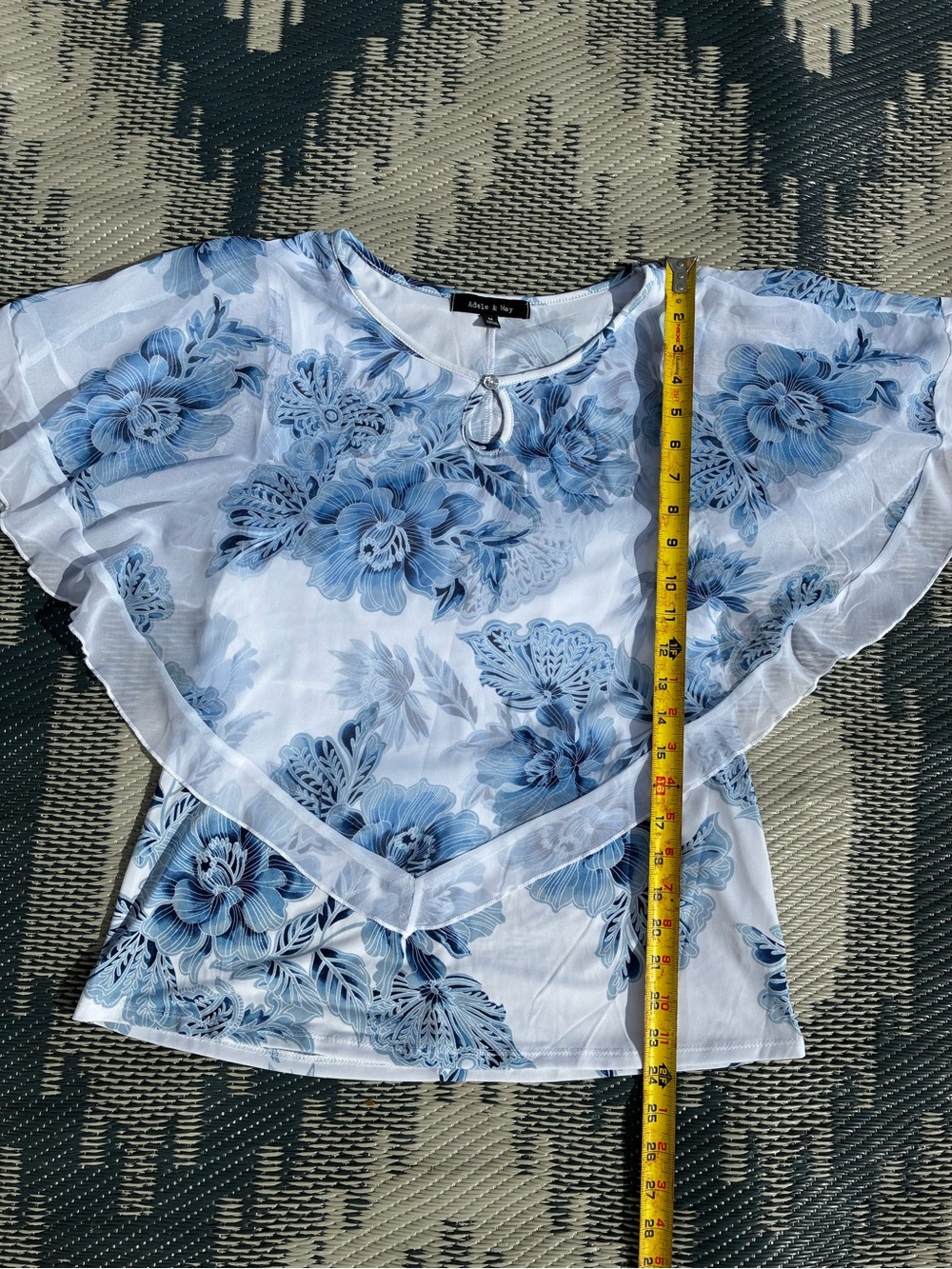 Adele & May Blue Floral Sheer Overlay Blouse  Keyhole Cape Poncho Blouse M - Picture 4 of 9